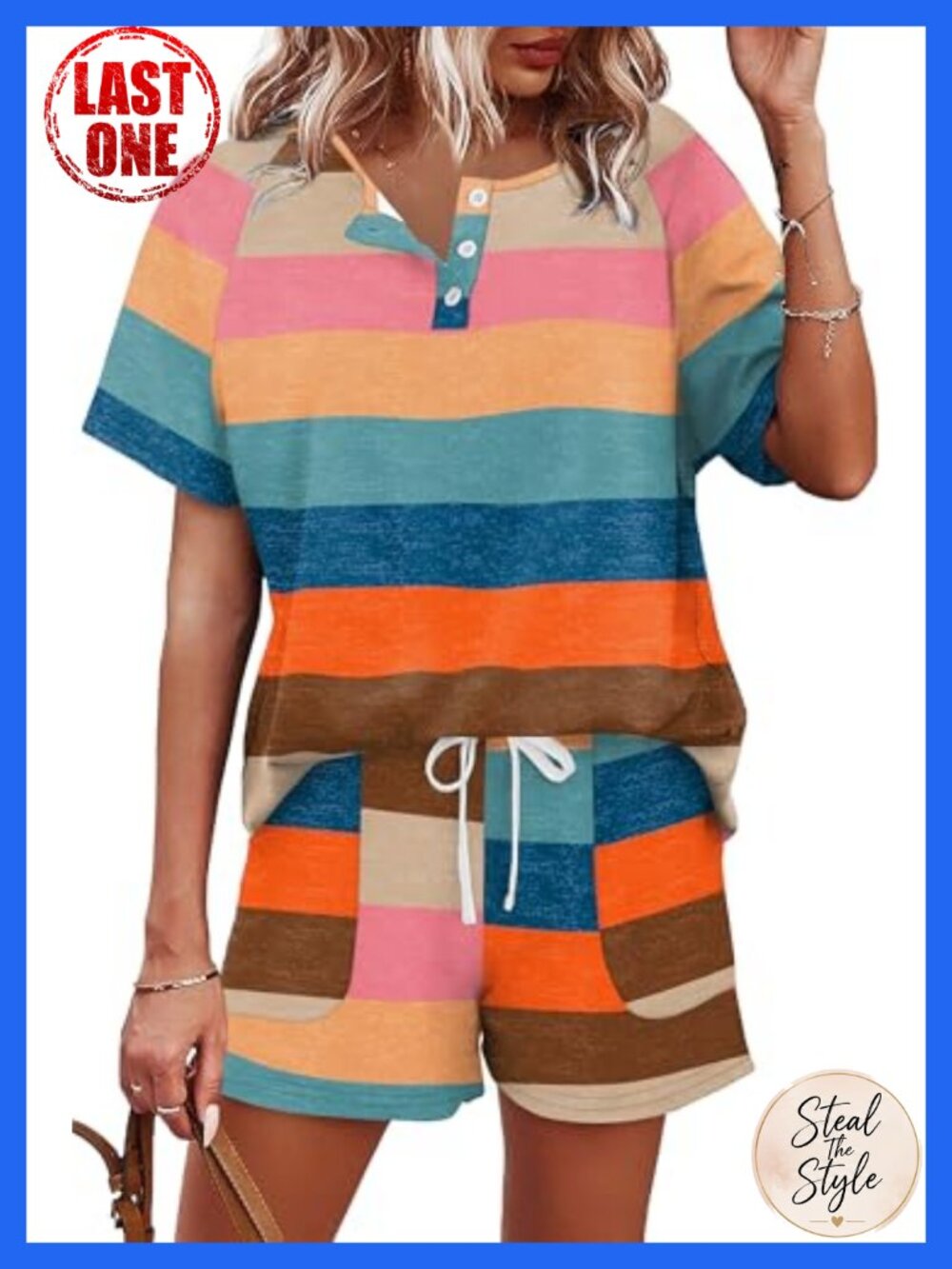 Women's 2 Piece Lounge Set Button Down Henley Top & Drawstring Shorts with